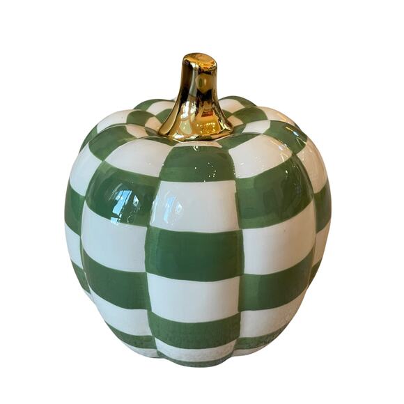 Green & White CHECKERED Pumpkin w/ Gold Stem 7in Ceramic Fall Home Decor New - Picture 9 of 11